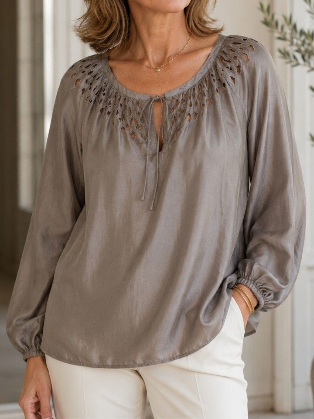 Sachin + Babi for Ankasa 100% Silk Cutout Blouse S Taupe Boho Luxe Top Feminine